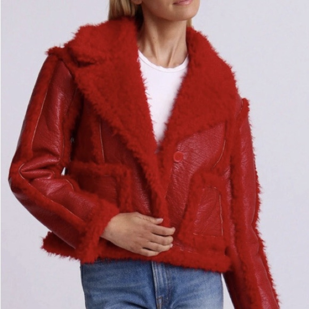 7 For All Mankind Stella Red Leather Shearling Jacket size small